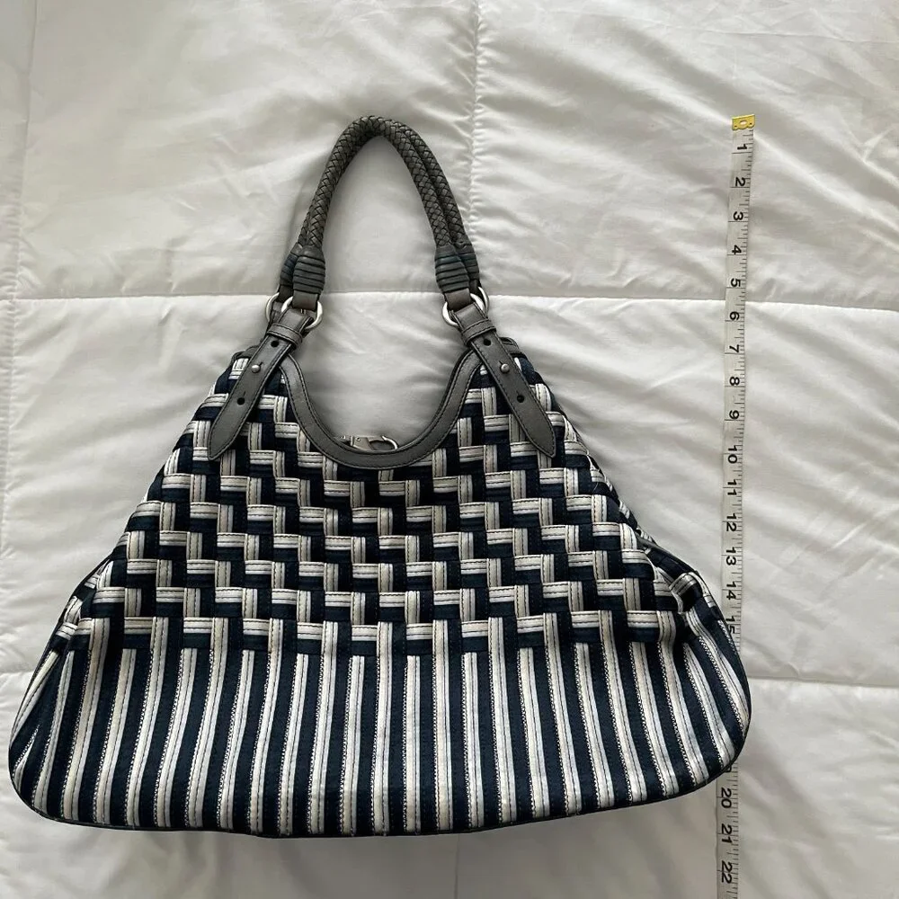 COLE HAAN Genevieve Woven Triangle Hobo Shoulder Handbag Tote Silk Raffia Blue